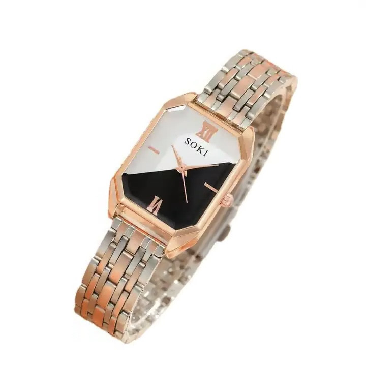 Ensemble de montre à quartz à pointeur carré pour femme, bracelet en acier de couleur patchwork noir et blanc, montre à bol pour femme