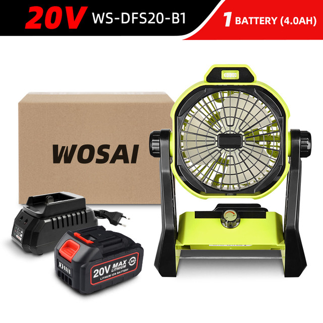 WOSAI – ventilateurs électriques multifonctions, 20V, série MT, batterie au lithium, sans fil, avec lumière LED, pour Camping en plein air