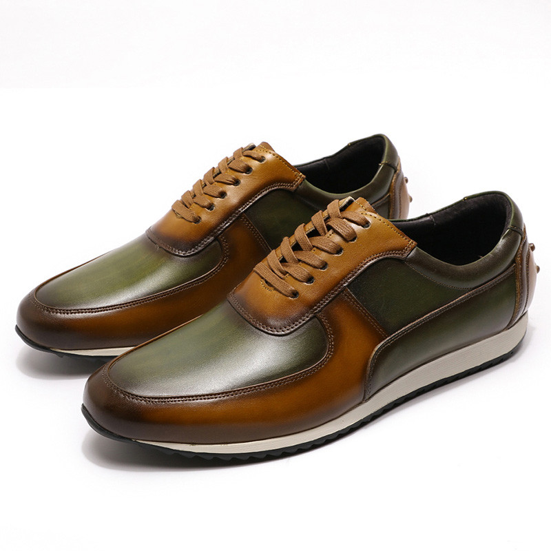 Big Size 5-15 Mens Casual Shoes Genuine Leather Hand Painted Oxford Brown Green Lace-Up Fashion Street Style Sneakers for Men